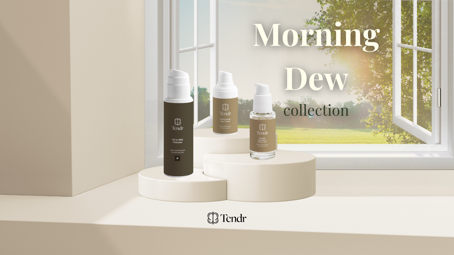 tendr oil to milk cleanser moisturising day cream and double hydration boost gel as part of the morning dew collection of natural skincare products
