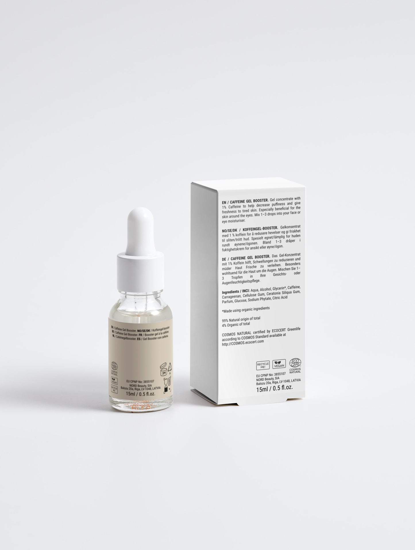 Caffeine Gel Booster 20ml – natural skincare concentrate with 1% caffeine to reduce puffiness and revitalize tired skin. Vegan and cruelty-free.