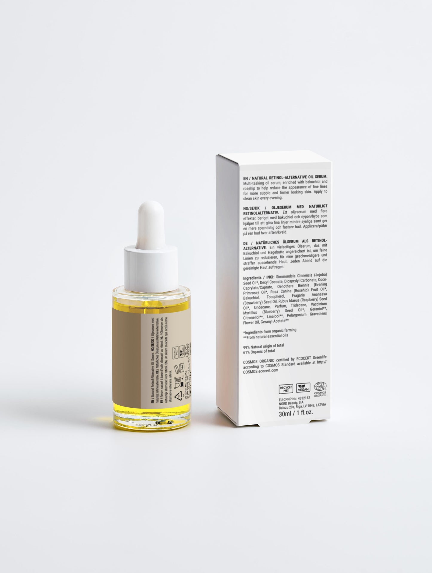 Natural Retinol-Alternative Oil Serum 30ml – organic Bakuchiol and botanical oils rejuvenate, smooth, and brighten for youthful, radiant skin. Anti-aging and suitable for all skin types.